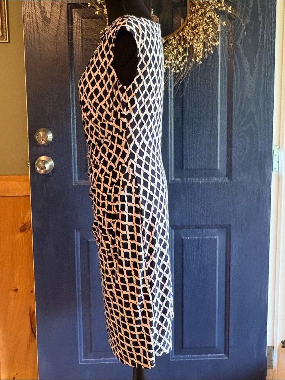 Ralph Lauren Navy and White Geometric Midi Sheath Dress